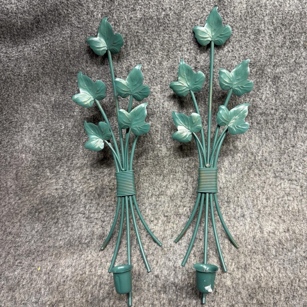 Pair Of Vtg Ivy Leaf Candlestick‎ Wall Sconces Candle Holders Green Metal 16.5"